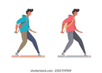 Walking male character with backpack. Vector illustration representing casual walking, urban lifestyle.