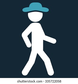 Walking Male vector icon. Style is bicolor flat symbol, blue and white colors, rounded angles, dark blue background.