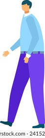 Walking male wearing blue sweater and purple pants. Casual young adult man strolling forward. Simple modern lifestyle vector illustration.