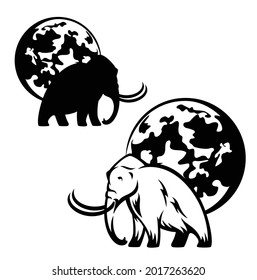 walking mammoth and full moon black and white vector design - prehistoric ice age animal outline and silhouette