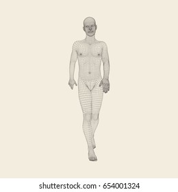 Walking Man. 3D Human Body Model. Geometric Design. Human Body Wire Model.  Vector Illustration.