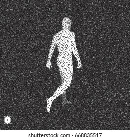 Walking Man. 3D Human Body Model. Black and white grainy design. Stippling effect. Vector illustration.
