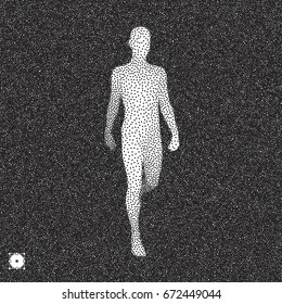 Walking Man. 3D Human Body Model. Black and white grainy dotwork design. Stippled vector illustration.