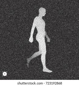 Walking Man. 3D Human Body Model. Black and white grainy design. Stippled vector illustration.