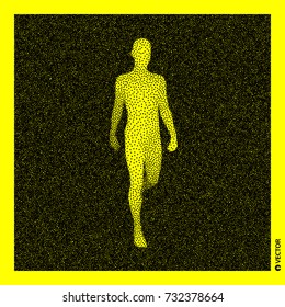 Walking Man. 3D Human Body Model. Black and yellow grainy design. Stippled vector illustration.