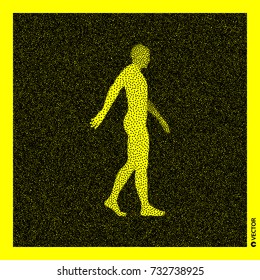 Walking Man. 3D Human Body Model. Black and yellow grainy design. Stippled vector illustration.