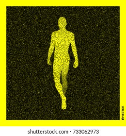 Walking Man. 3D Human Body Model. Black and yellow grainy design. Stippled vector illustration.