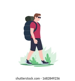 Walking man with backpack is traveling in outdoor. Trekking and hiking tours. Exploration trekking. Tourism and adventures in nature. Vector illustration flat style.