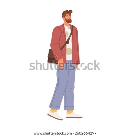 Walking man with bag, isolated strolling positive cheerful male personage with beard. Vector student wearing casual style clothes. Wandering or hanging out guy, pedestrian or casual citizen