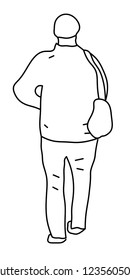Walking man with bag silhouette, black and white sketch.