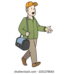 Walking man with a bag talking. Color vector flat illustration isolated on white background. 