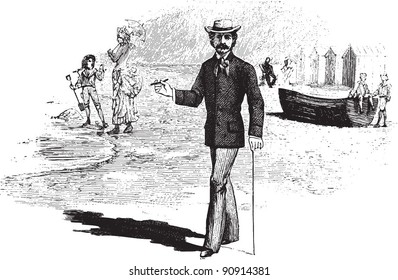 Walking man at the beach - Vintage illustration from "La petite soeur par Hector Malot" 1882