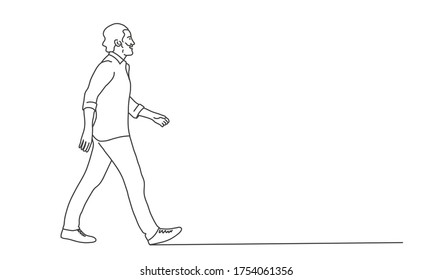 Walking man with beard. Line drawing vector illustration.
