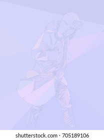 Hombre caminante con una bolsa grande con ropa de invierno, sombrero con correas de oreja y manos en bolsillos hechos de líneas abstractas y triángulos azules, concepto de gente de invierno frío, ilustración artística de línea dibujada a mano