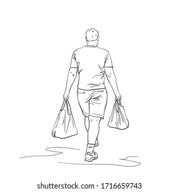 Walking man carrying shopping bags in both hands, back view, Vector sketch, Hand drawn linear illustration