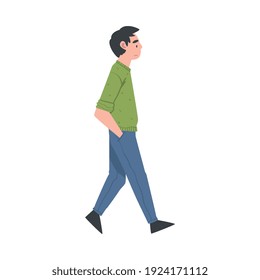 Walking Man Character with Hands in Pockets Taking Steps Forward Side View Vector Illustration