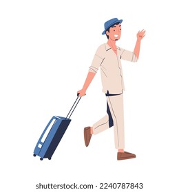 Personaje de hombre caminante en sombrero con maleta en vacaciones de verano con vectores de viaje Ilustración