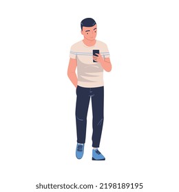 Walking Man Character with Smartphone Strolling in the Street and Smiling Vector Illustration