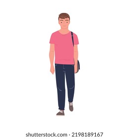 Walking Man Character Strolling in the Street and Smiling Vector Illustration
