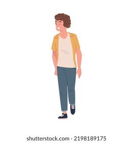 Walking Man Character Strolling in the Street and Smiling Vector Illustration