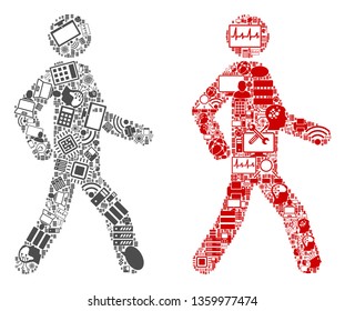 Walking Man composition icons created for bigdata purposes. Vector walking man mosaics are combined from computer, calculator, connections, wi-fi, network icons into abstract patterns.
