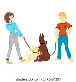 walking a man with a dog on a leash, drawn in cartoon style.