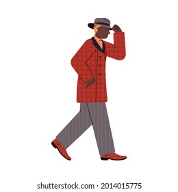 Walking man dressed in warm rainproof clothes for autumn weather, cartoon flat vector illustration isolated on white background. Urban autumn male character.