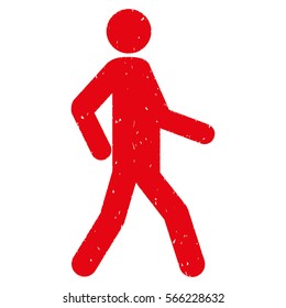 Walking Man grainy textured red icon for overlay watermark stamps. Flat symbol with dirty texture. Dotted vector ink rubber seal stamp with grunge design on a white background.