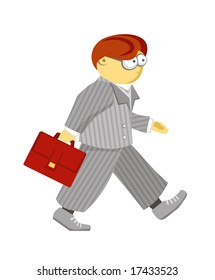 Walking man in gray suit with bag