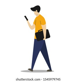 Walking Man Holding Smartphone and Bag Vector, Social Media Concept, Vector Character Illustration 
