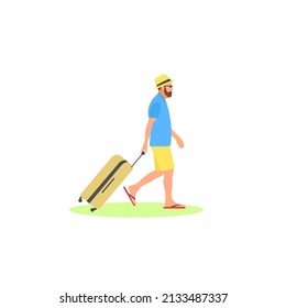 Walking man holding suitcase. Vacation concept flat vector illustration.