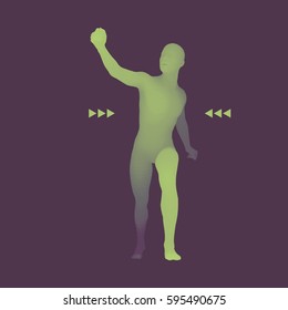 Walking Man. Human with arm up. Silhouette for sport championship. The victory celebration. 3D Model of Man. Vector Illustration. 