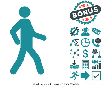Walking Man icon with bonus design elements. Vector illustration style is flat iconic bicolor symbols, soft blue colors, white background.