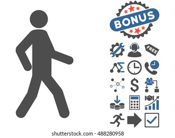 Walking Man icon with bonus design elements. Vector illustration style is flat iconic bicolor symbols, cobalt and gray colors, white background.