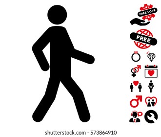 Walking Man icon with bonus love pictograph collection. Vector illustration style is flat iconic intensive red and black symbols on white background.