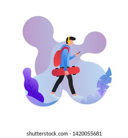 walking man listening the music with skateboard on hand side view character design vector illustration