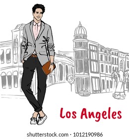 Walking man on Rodeo Drive in Los Angeles. Hand-drawn illustration. Fashion sketch