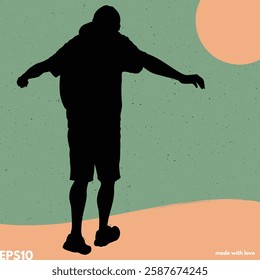 Walking man with outstretched arms silhouette. Vector graphic backdrop