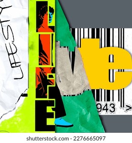 Walking man and paper on textured background. contemrary collage art style