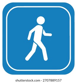 Pictograma do homem de passeio no sinal quadrado azul para tráfego de pedestres e navegação de acessibilidade com projeto de borda branca