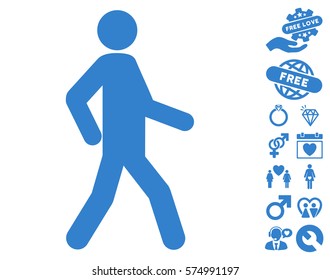 Walking Man pictograph with bonus dating images. Vector illustration style is flat iconic cobalt symbols on white background.