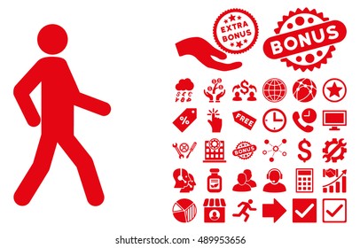 Walking Man pictograph with bonus elements. Vector illustration style is flat iconic symbols, red color, white background.