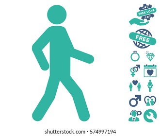 Walking Man pictograph with bonus lovely pictograms. Vector illustration style is flat iconic cobalt and cyan symbols on white background.