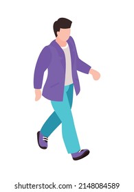 Walking man in purple jacket and shoes isometric character on white background vector illustration