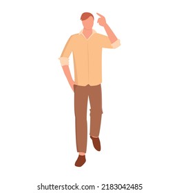 Walking man with raised index finger. Flat vector illustration isolated on a white background.