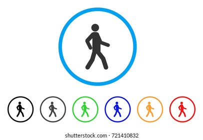 Walking Man rounded icon. Style is a flat walking man gray symbol inside light blue circle with black, gray, green, blue, red, orange versions. Vector designed for web and software interfaces.