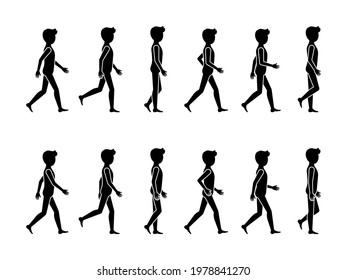 Walking Man Sequence Movements Vector Icon Pictogram Set. Stick Figure Male Moving Forward Silhouette Posture On White