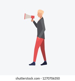 Walking man shouting in megaphone. Voice, announcement, advisement. Can be used for topics like marketing, communication, business