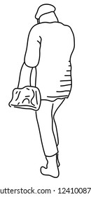 Walking man silhouette, black and white sketch. Line art.
