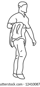 Walking man silhouette, black and white sketch. Line art.